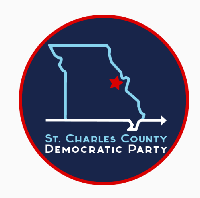 Logo of the St. Charles County Democratic Party featuring a blue outline of Missouri with a red star marking St. Charles County, set against a dark blue background with a red circular border.